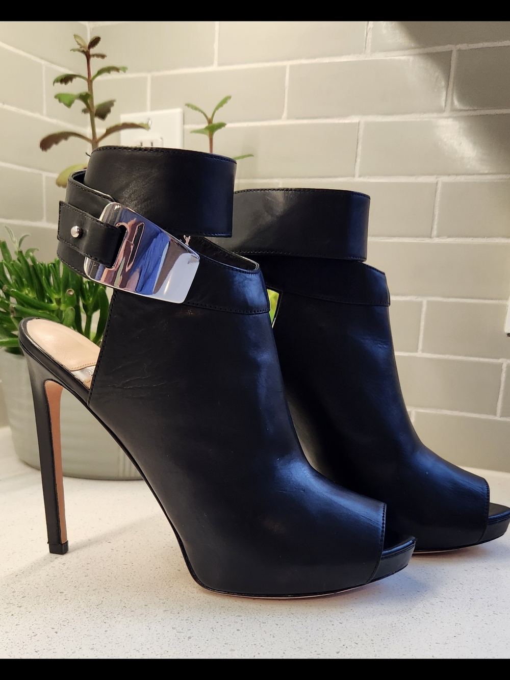 Marciano Black Leather Peep-Toe Stiletto Ankle Booties with Silver Buckle